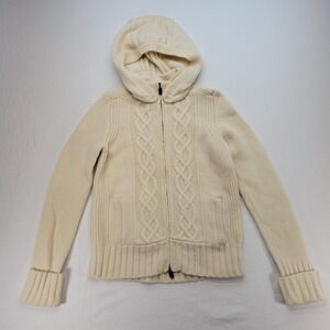 J Crew Sweater Womens Small Cream Lambswool Cable Knit Hooded Full Zip